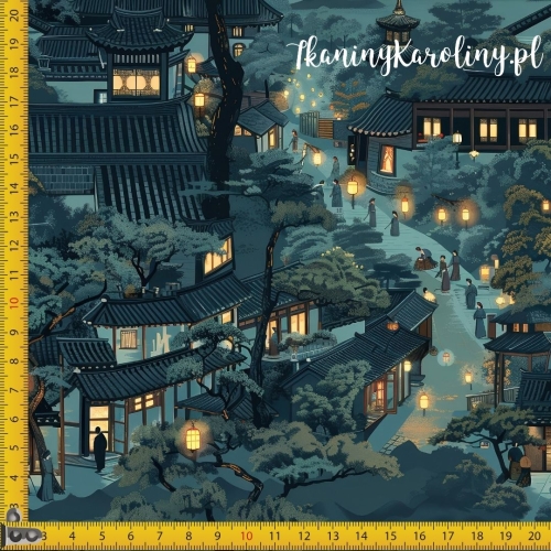 TKANINA WODOODPORNA OXFORD Wzór orientalny, wioska nocą (zielona)