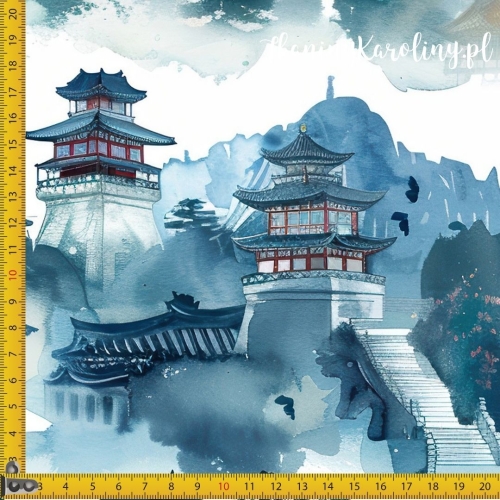 WELUR TAPICERSKI Wzór orientalny, świątynia w górach (błękitna)