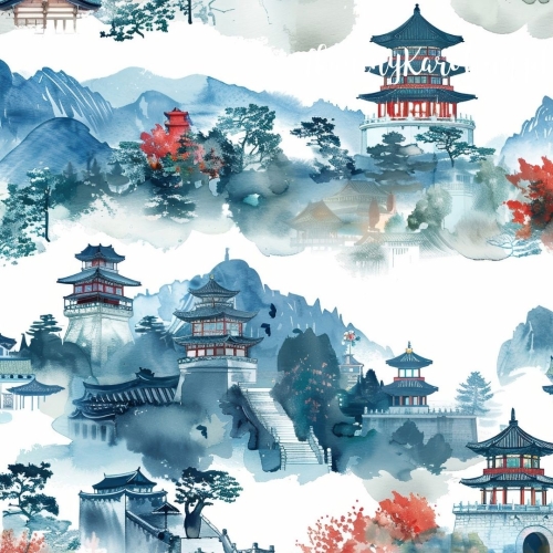 TKANINA WODOODPORNA OXFORD Wzór orientalny, świątynia w górach (błękitna)