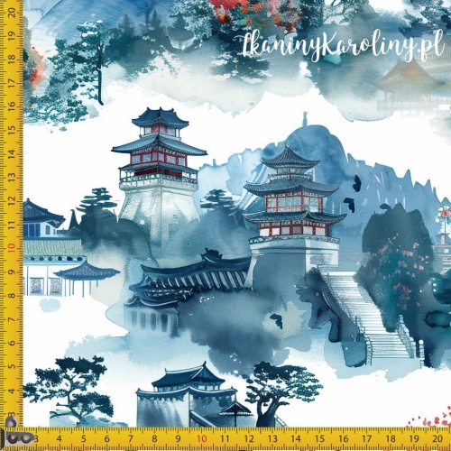 TKANINA WODOODPORNA OXFORD Wzór orientalny, świątynia w górach (błękitna)