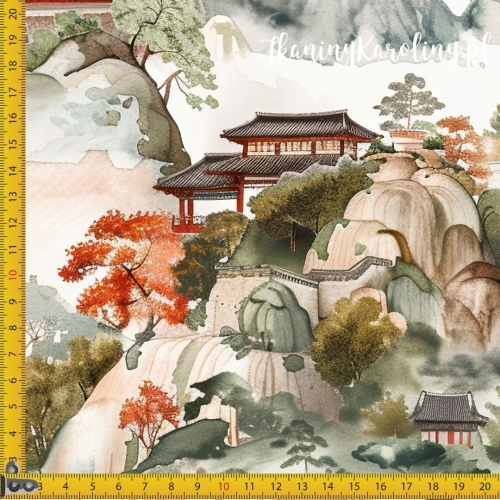 WELUR TAPICERSKI Wzór orientalny, świątynia w górach (brązowa)