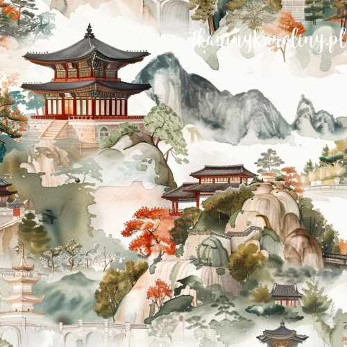 TKANINA WODOODPORNA OXFORD Wzór orientalny, świątynia w górach (brązowa)