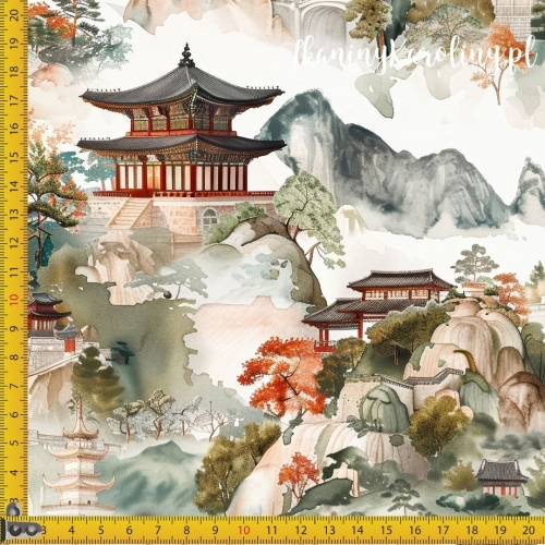 TKANINA WODOODPORNA OXFORD Wzór orientalny, świątynia w górach (brązowa)