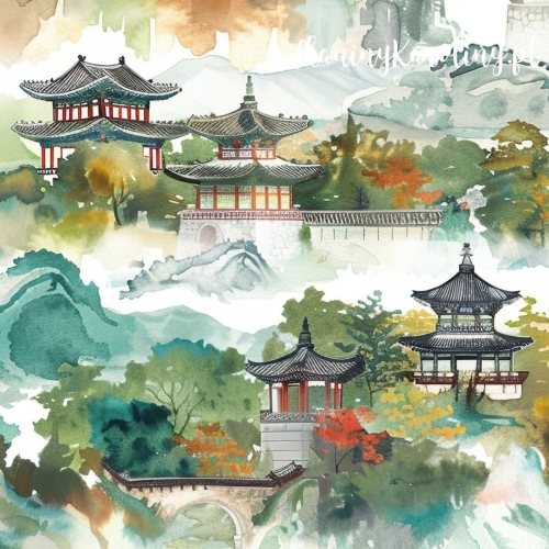 TKANINA WODOODPORNA OXFORD Wzór orientalny, świątynia w górach (zielona) [6-8] 