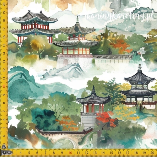 TKANINA WODOODPORNA OXFORD Wzór orientalny, świątynia w górach (zielona)