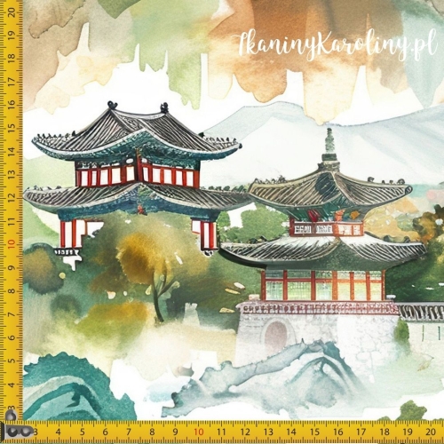 WELUR TAPICERSKI Wzór orientalny, świątynia w górach (zielona)