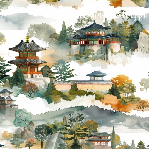 TKANINA WODOODPORNA OXFORD Wzór orientalny, świątynia w górach (szarozielona) [6-8] 