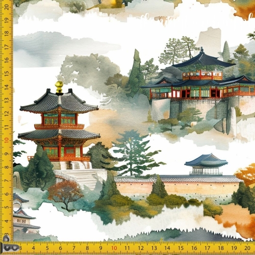 TKANINA WODOODPORNA OXFORD Wzór orientalny, świątynia w górach (szarozielona)