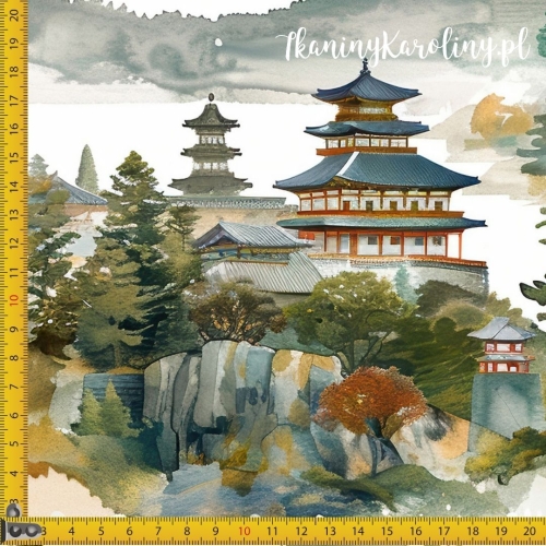 WELUR TAPICERSKI Wzór orientalny, świątynia w górach (szarozielona)