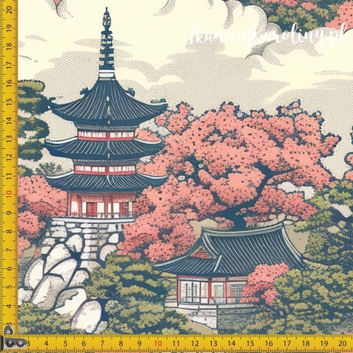 WELUR TAPICERSKI Wzór orientalny, wioska w chmurach (ruda)