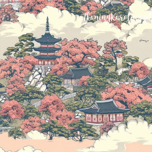 TKANINA WODOODPORNA OXFORD Wzór orientalny, wioska w chmurach (ruda)