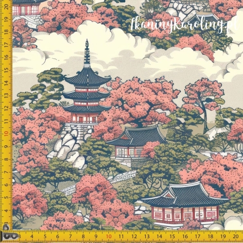 TKANINA WODOODPORNA OXFORD Wzór orientalny, wioska w chmurach (ruda)