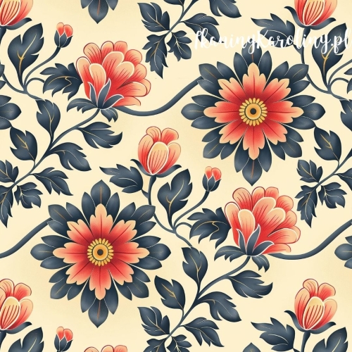 WELUR TAPICERSKI Wzory orientalne - pomarańczowe kwiaty i szare liście na jasnym tle