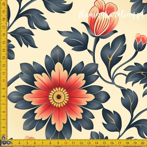 WELUR TAPICERSKI Wzory orientalne - pomarańczowe kwiaty i szare liście na jasnym tle