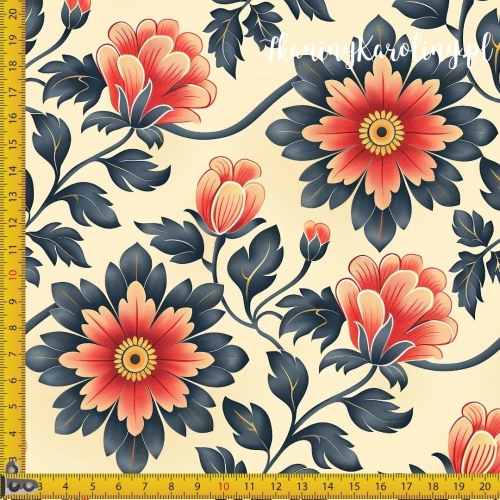 TKANINA WODOODPORNA OXFORD Wzory orientalne - pomarańczowe kwiaty i szare liście na jasnym