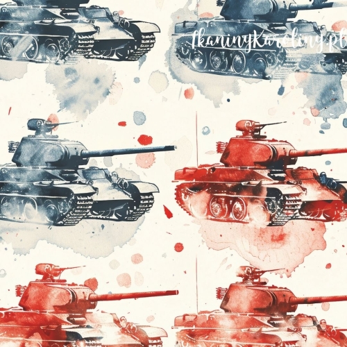 WELUR TAPICERSKI Wojskowy, czołgi czerwone, akwarela