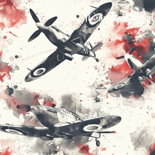 WELUR TAPICERSKI Wojskowy - samoloty w czerwonych plamach na jasnym beżu, akwarela