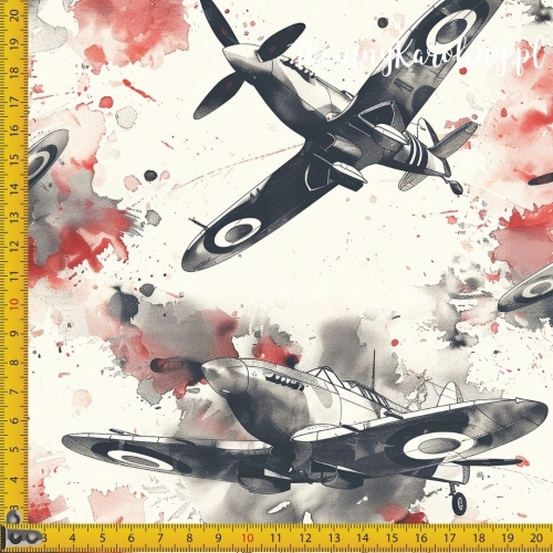 WELUR TAPICERSKI Wojskowy - samoloty w czerwonych plamach na jasnym beżu, akwarela