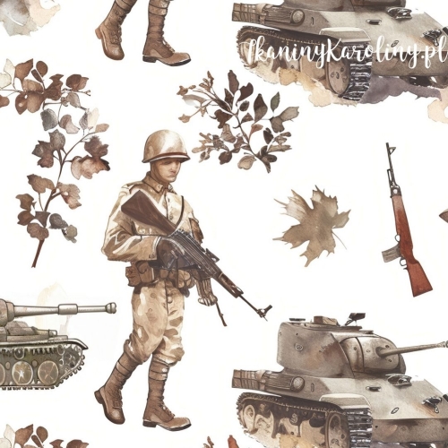 WELUR TAPICERSKI Wojskowy - żołnierz w liściach i czołgi (sepia) [6-8]