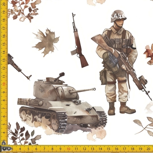 WELUR TAPICERSKI Wojskowy - żołnierz w liściach i czołgi (sepia) [6-8]