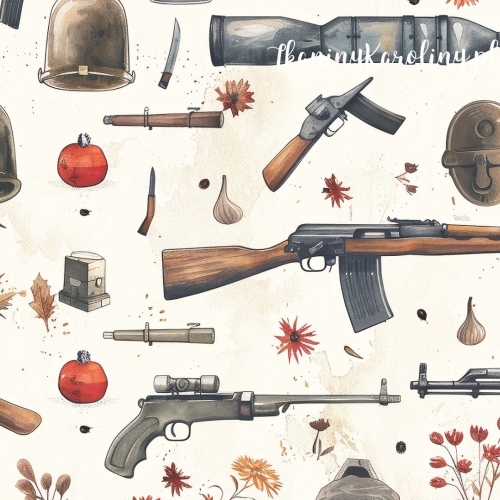 WELUR TAPICERSKI Wojskowy - broń i kwiaty na beżu