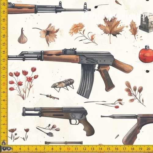 WELUR TAPICERSKI Wojskowy - broń i kwiaty na beżu