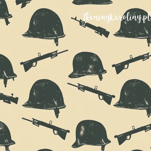 WELUR TAPICERSKI Wojskowy - broń i hełmy na beżu