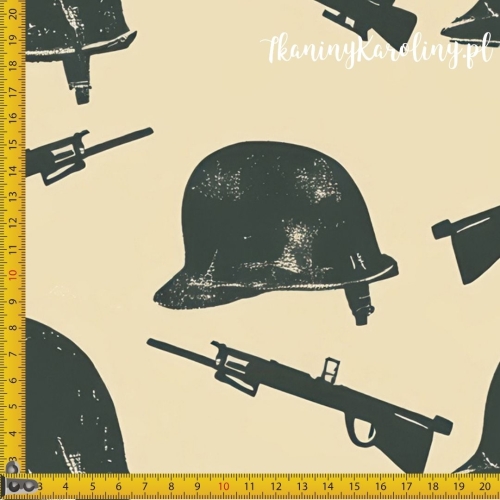 WELUR TAPICERSKI Wojskowy - broń i hełmy na beżu