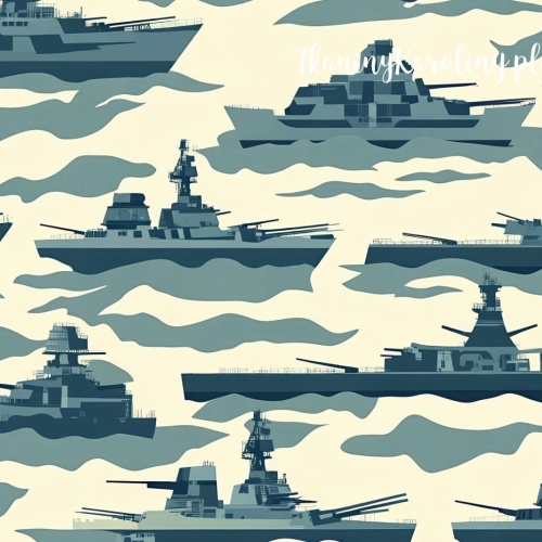 WELUR TAPICERSKI Wojskowy - sylwetki statków szarozielone na jasnym tle
