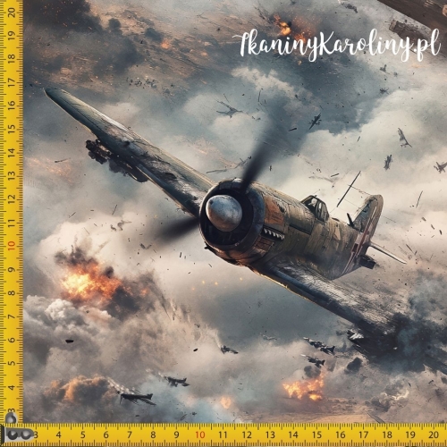 WELUR TAPICERSKI Wojskowy - samoloty w ogniu walki na tle szarych chmur