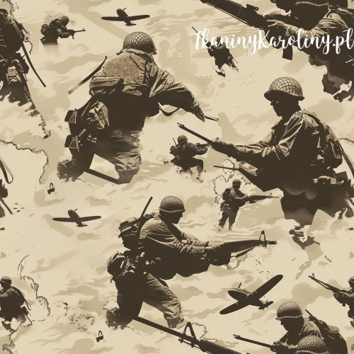 WELUR TAPICERSKI Wojskowy - żołnierze i samoloty na beżowym tle