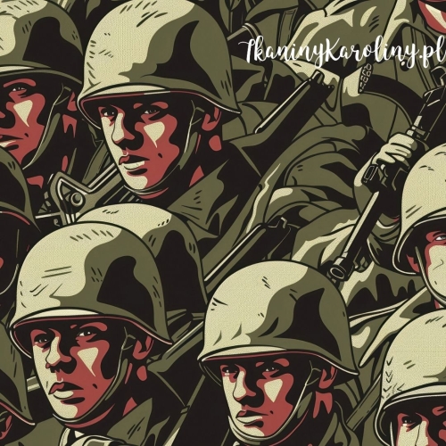 WELUR TAPICERSKI Wojskowy - żołnierze w hełmach, tłumnie na zielonym tle