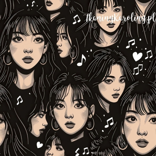 WELUR TAPICERSKI K-POP Dziewczyny na czarnym tle, białe nutki