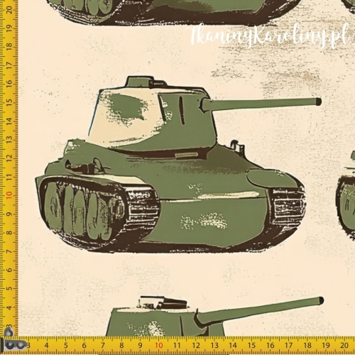 WELUR TAPICERSKI Wojskowy, czołgi zielone na jasnym tle