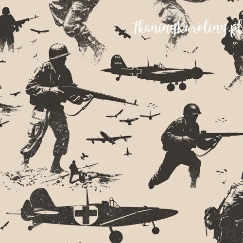 WELUR TAPICERSKI Wojskowy - żołnierze z karabinami, samoloty na jaśniejszym beżu