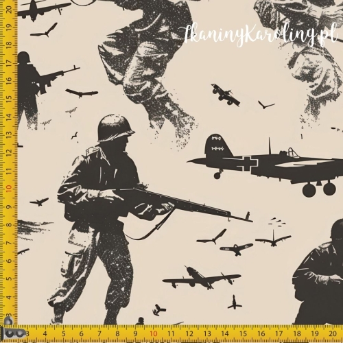WELUR TAPICERSKI Wojskowy - żołnierze z karabinami, samoloty na jaśniejszym beżu