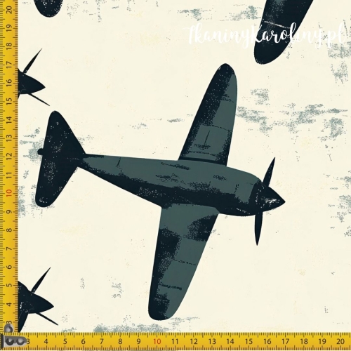 WELUR TAPICERSKI Wojskowy - ciemnoszare samoloty na jasnym beżu