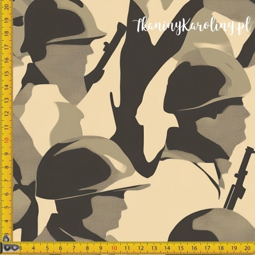 WELUR TAPICERSKI Wojskowy - żołnierze bez twarzy w chełmach w beżu