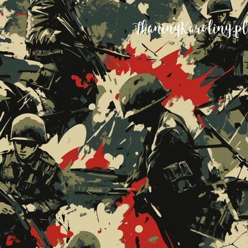 TKANINA WODOODPORNA OXFORD Wojskowy - żołnierze z karabinami na ciemnej zieleni, beżu i czerwieni