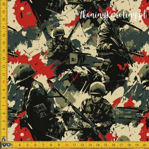 TKANINA WODOODPORNA OXFORD Wojskowy - żołnierze z karabinami na ciemnej zieleni, beżu i czerwieni