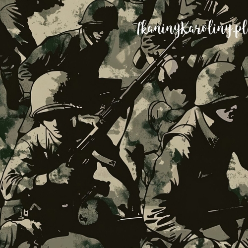 TKANINA WODOODPORNA OXFORD Wojskowy - żołnierze z karabinami na odcieniach ciemnej zieleni