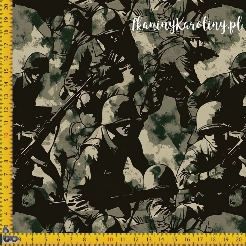 TKANINA WODOODPORNA OXFORD Wojskowy - żołnierze z karabinami na odcieniach ciemnej zieleni