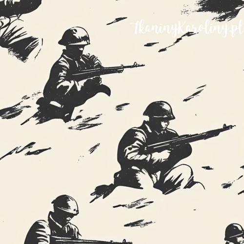 TKANINA WODOODPORNA OXFORD Wojskowy - dwukolorowy wzór, żołnierze z karabinami skierowani w prawo na beżowym tle