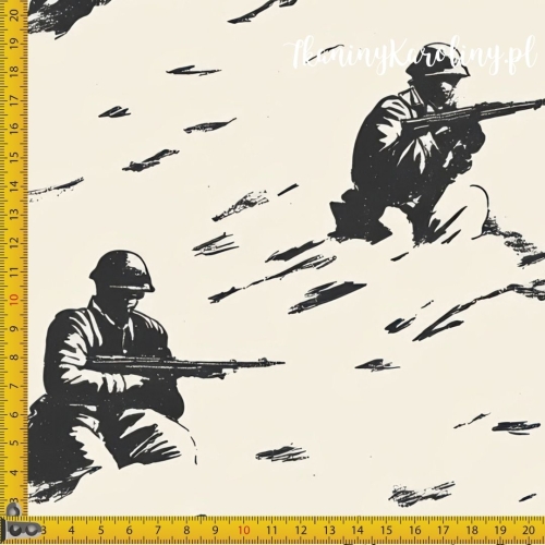 TKANINA WODOODPORNA OXFORD Wojskowy - dwukolorowy wzór, żołnierze z karabinami skierowani w prawo na beżowym tle