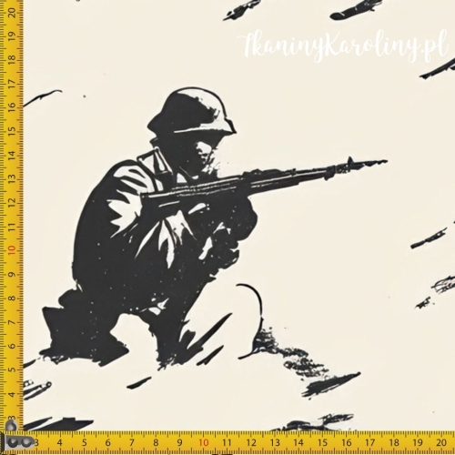 WELUR TAPICERSKI Wojskowy - dwukolorowy wzór, żołnierze z karabinami skierowani w prawo na beżowym tle