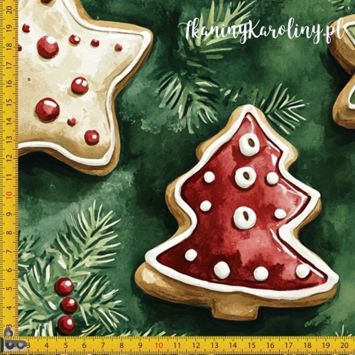 WELUR TAPICERSKI Wzory świąteczne, pierniczki lukrowane na zielonych gałązkach