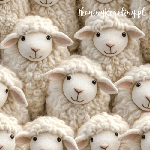 TKANINA WODOODPORNA OXFORD Włóczkowe owieczki - uśmiechnięte i beżowe - oczy otwarte, różowy nos