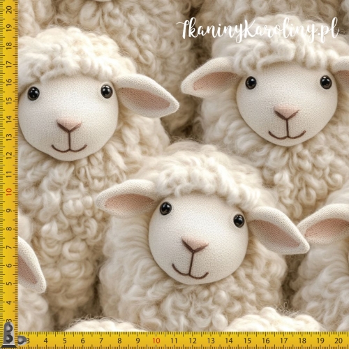 TKANINA WODOODPORNA OXFORD Włóczkowe owieczki - uśmiechnięte i beżowe - oczy otwarte, różowy nos. Większy wzór.