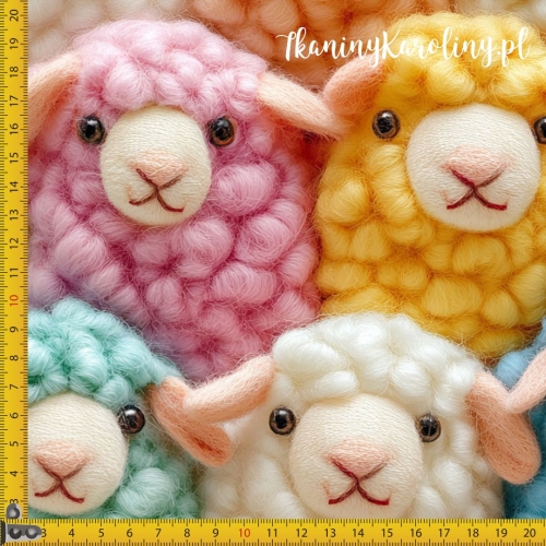 TKANINA WODOODPORNA OXFORD Włóczkowe owieczki - wielokolorowe z brązowymi oczami. Wariant większy.