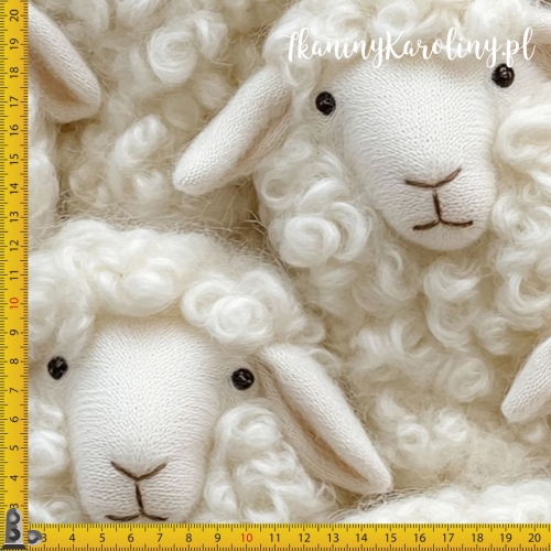 WELUR TAPICERSKI Włóczkowe owieczki - oczy otwarte, blady nos na beżu